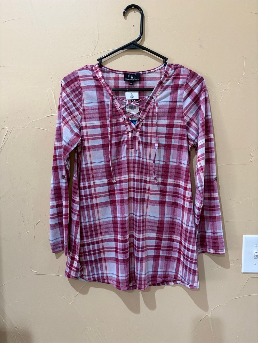 NWT New Women Directions Pink Plaid Lace-Up Tunic Top